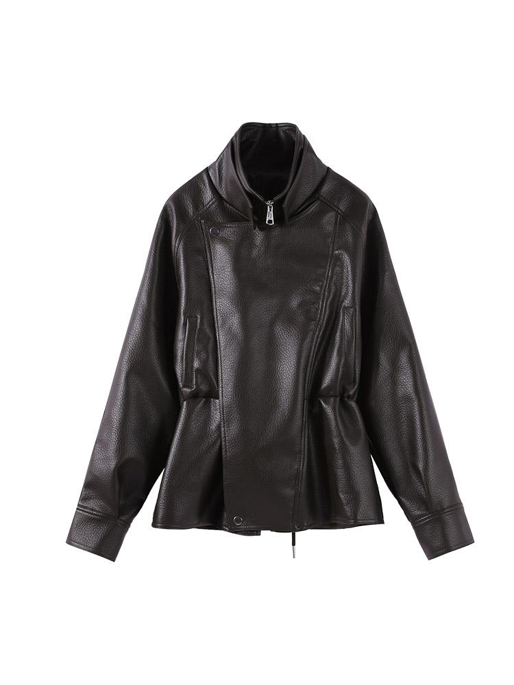 Ladies' Waist Cinched Lapel Leather Jacket Women's Brown Zipper Leather Jacket Windproof Jacket Fashion Style Autumn and Winter
