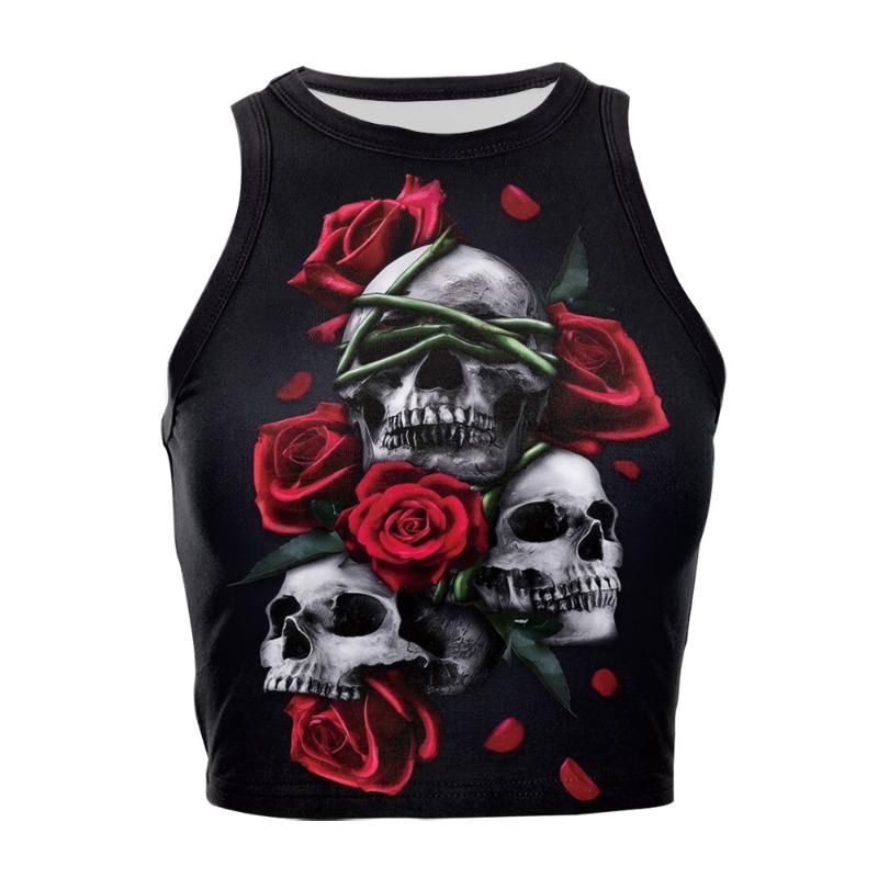 Halloween women's top new skull digital printing sleeveless off-the-shoulder short vest women's clothing