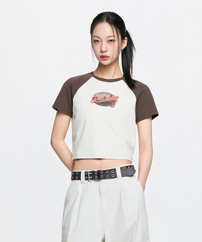 Emelbi Women'S Vintage Colorblock Crop T-Shirt Bos (L.Sand)