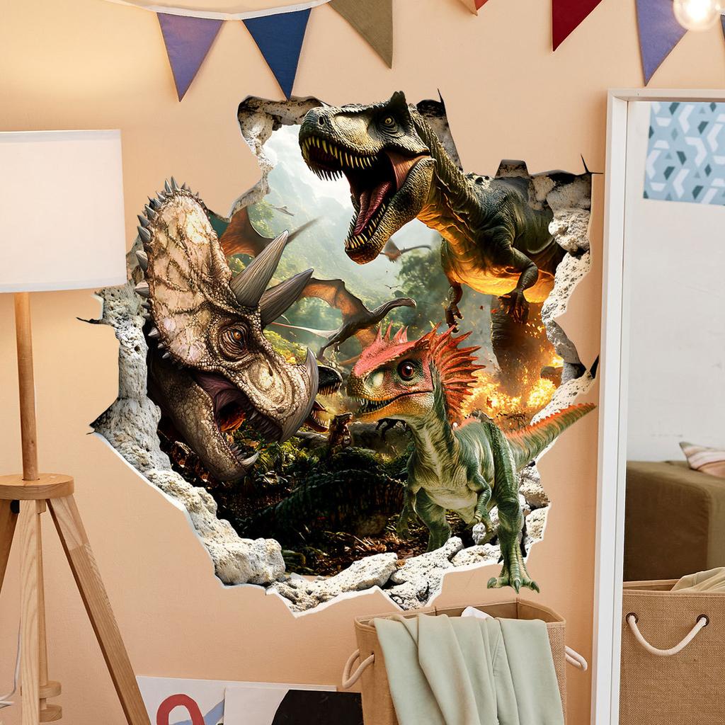 Atw4070 Kreativer Dinosaurier Durchbrochene Wand 3D-Effekt Papier Wandaufkleber Wohnzimmer Schlafzimmer Hintergrundwand Dekorativer Wandaufkleber Selbstklebend Charge