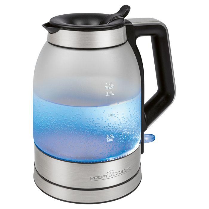 Bouilloire Électrique, Verre de 1,7 Litre, Récipient sans BPA, sans Fil, Éclairé Proficook WKS 1215G 2200W Argent 501215