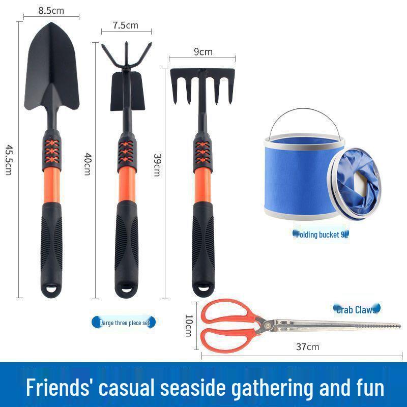 Tide-Chasing Tool Set: Adult Clam & Crab Digger with Gloves, Beach Shovel, Tongs, Kids' Gear, and Sand Rake.