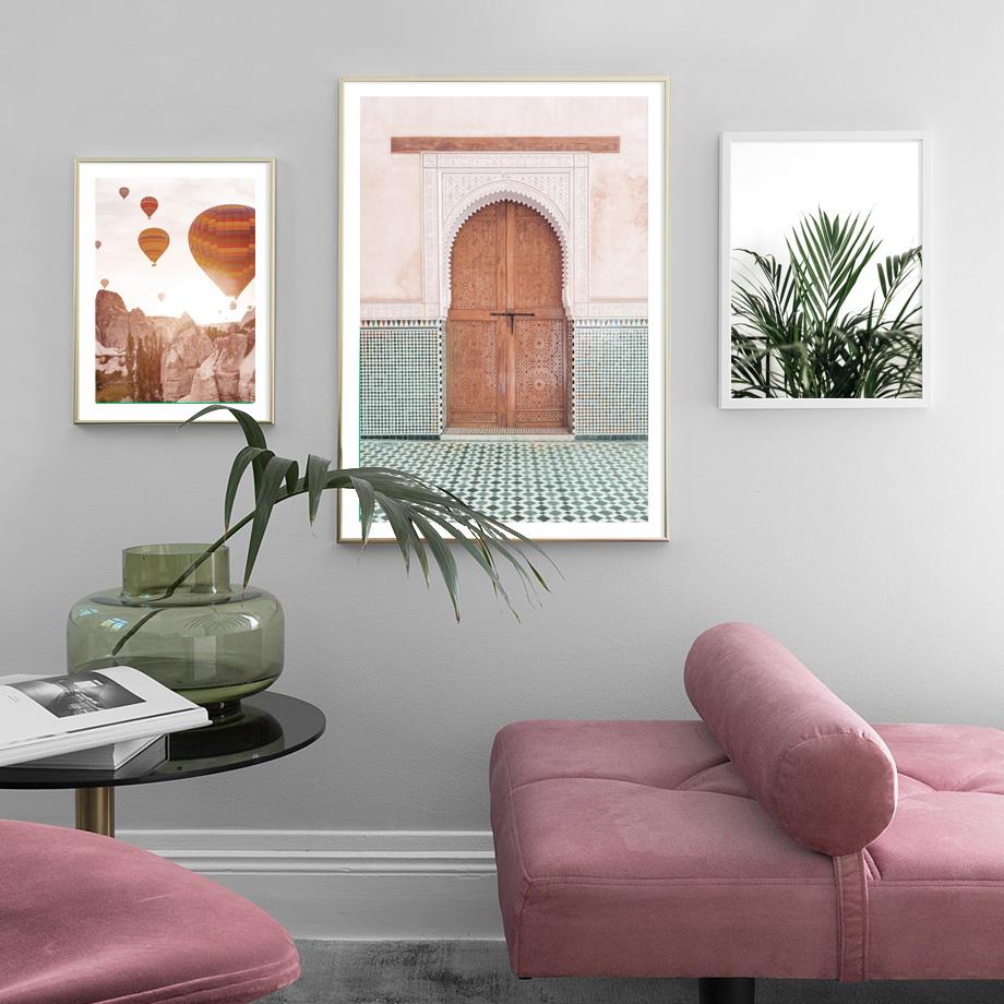 Affiches de porte marocaine avec ballon à Air chaud, fleur, Monstera, imprimés, peinture sur toile, images d'art mural nordique pour décor de salon