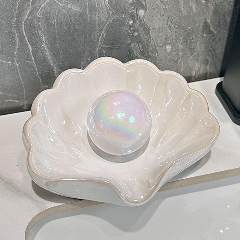 Shell Shaped Ceramic Soap Dish - No Drilling Required Drain Rack, Pearl Glaze Bathroom Countertop/Sink Decoration - Jewelry Tray