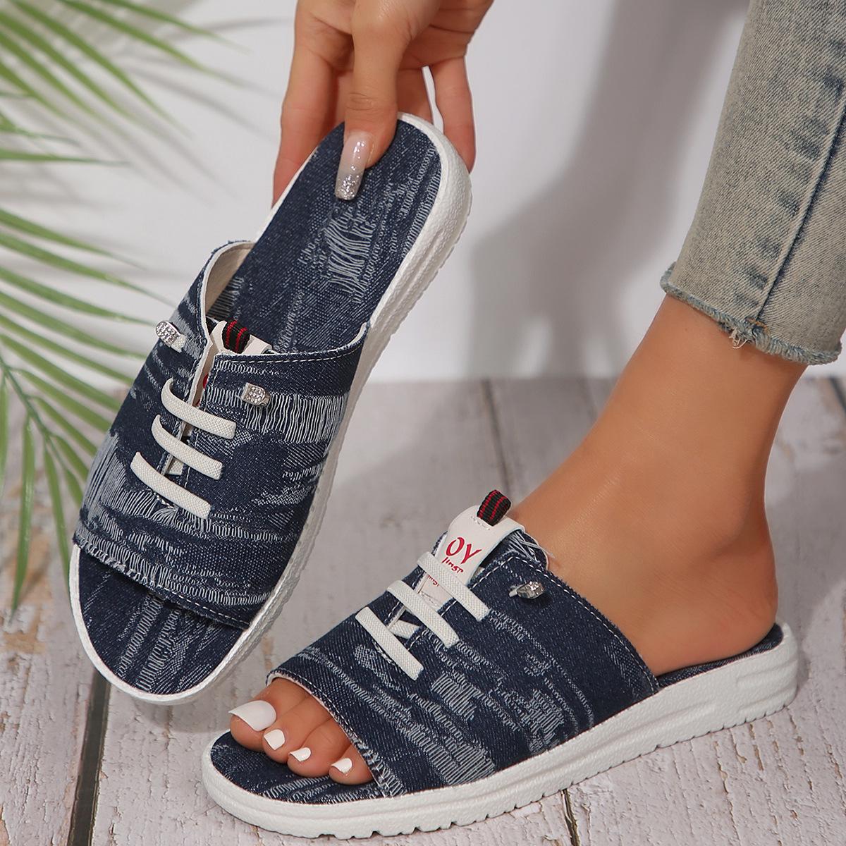 

Лето 2024, новые джинсовые тапочки на шнуровке большого размера, женские парусиновые легкие модные пляжные сандалии с круглой головкой и плоской подошвой 43 темно-синий