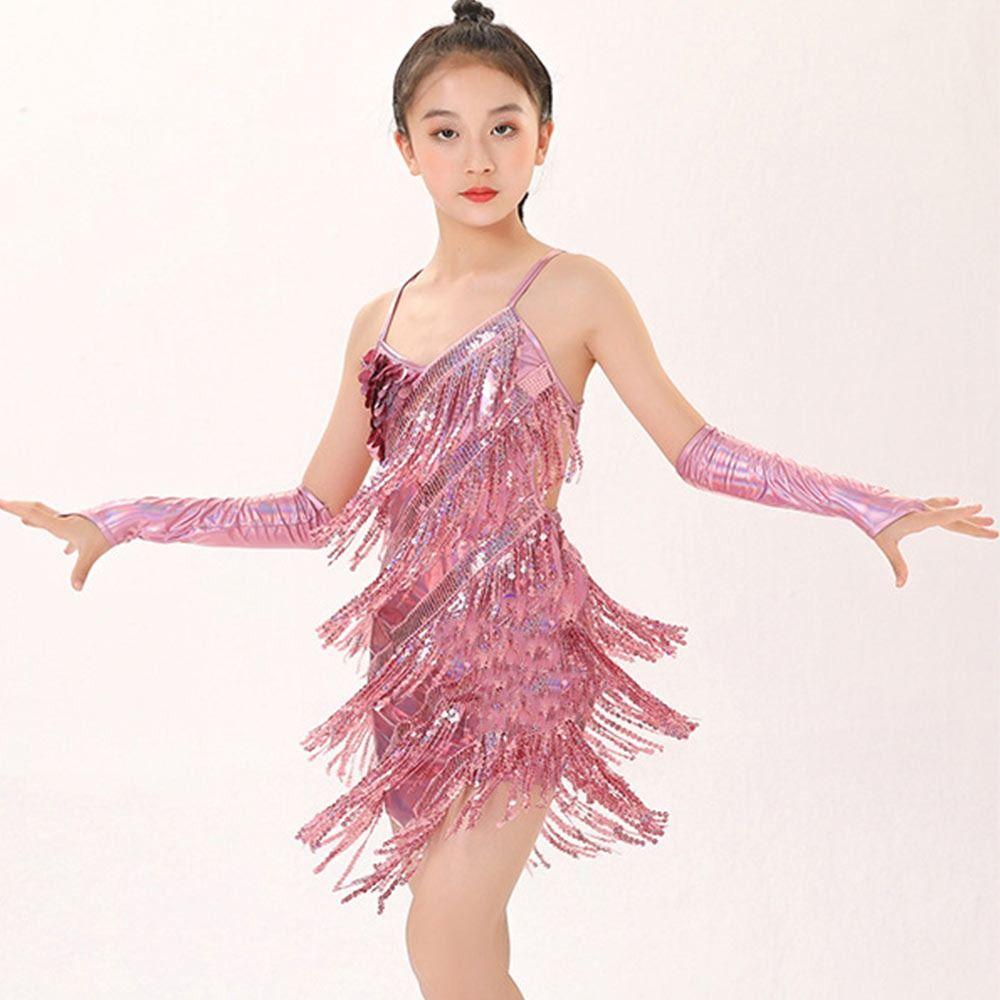 Vestido Brillante de Lentejuelas para Niñas de Danza Latina con Guantes Borla Vestido de Danza Jazz Rumba Cha Cha Vestido de Baile de Salón Niños Niñas