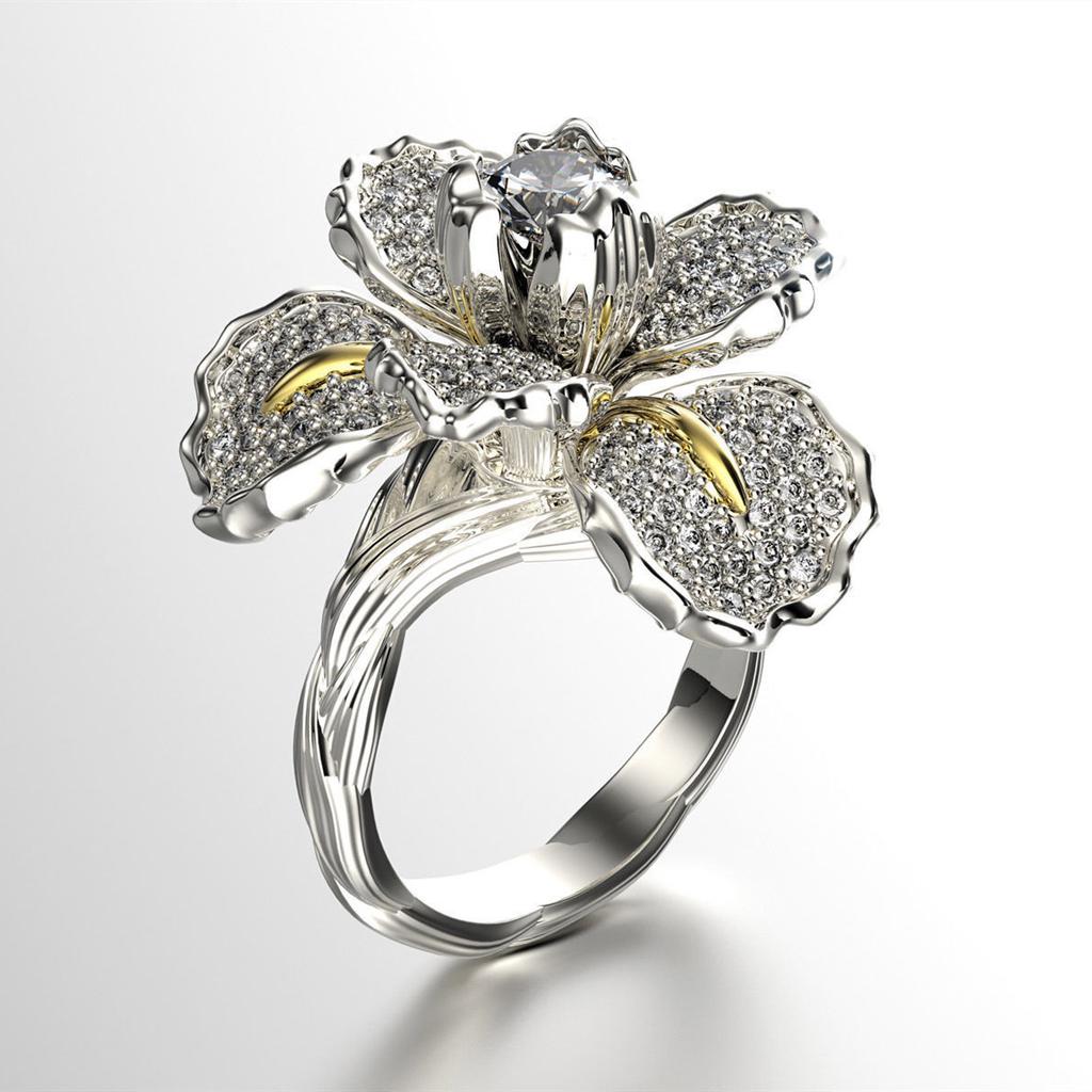 Slightly Studded with Diamond Iris Two-tone Ring, European and American Blue Topaz Flower Engagement Cocktail Ring
