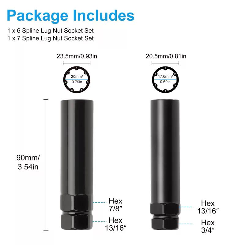Small 6 Spline & 7 Spline Sockets Fuel Rim Lug Nut Key Wrench For Aftermarket Lugnuts 14X1.5, 14X2.0, 12X1.5, 12X1.25