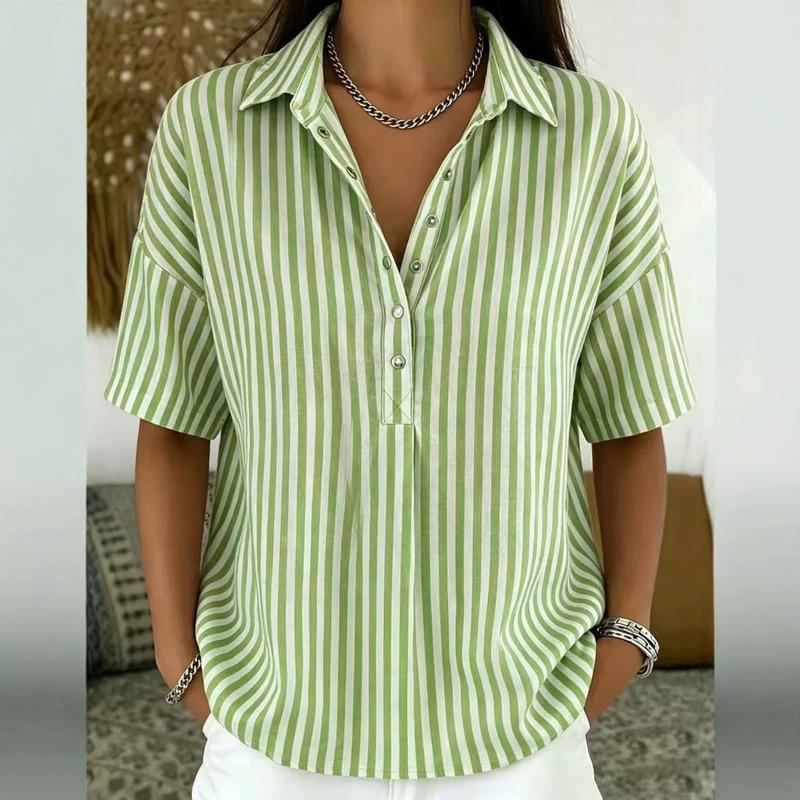 Women Striped Henley Shirt Collared Short Sleeve Casual Loose Fit Blouse