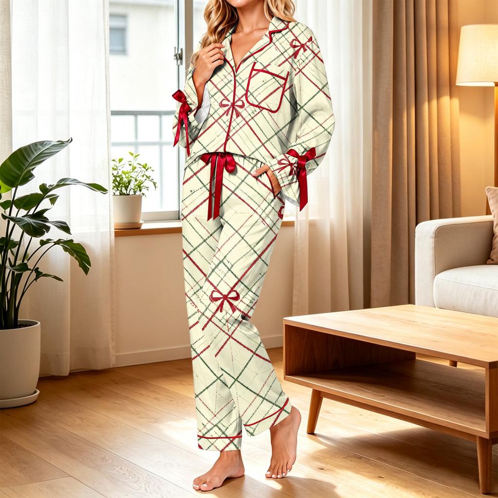 Women's Print Long Sleeve Pajama Set with Pocket Top and Shorts Casual Sleepwear