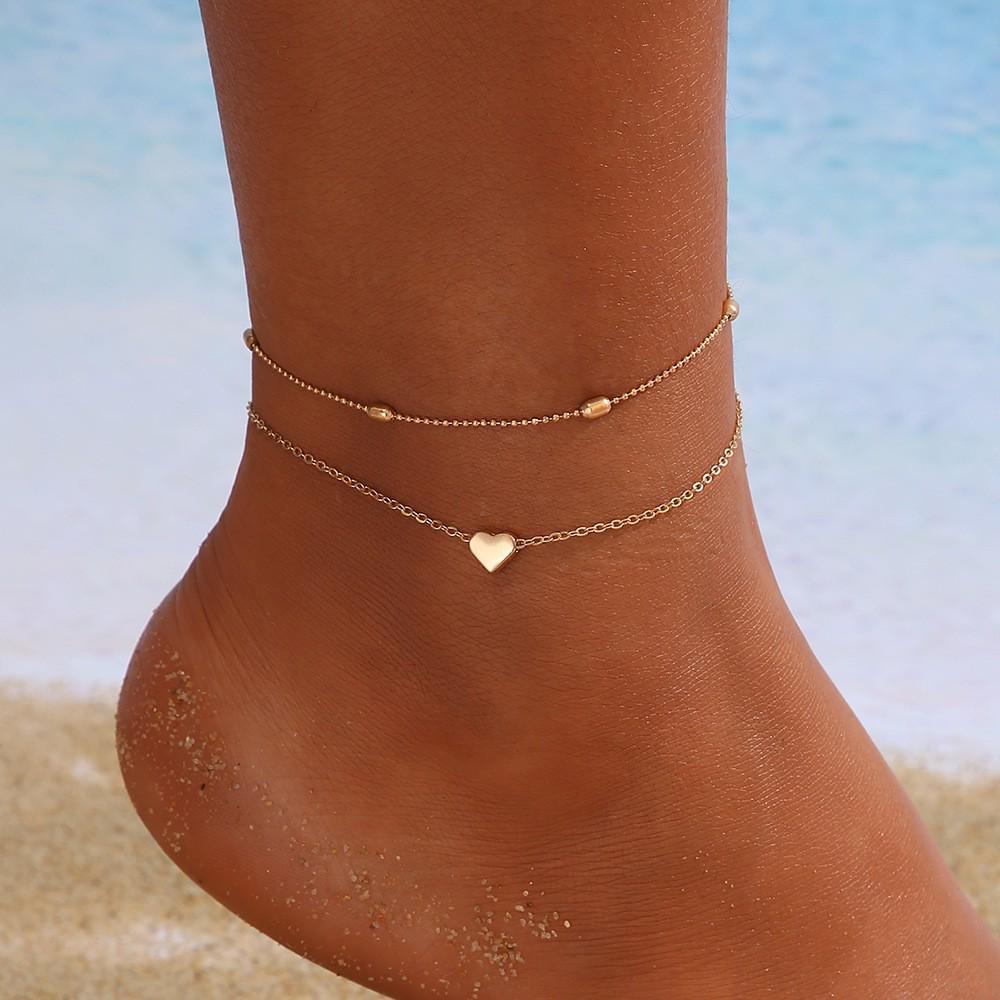 European & American Style Heart Pendant Double-Layer Anklet - Women's Beach Holiday Jewelry