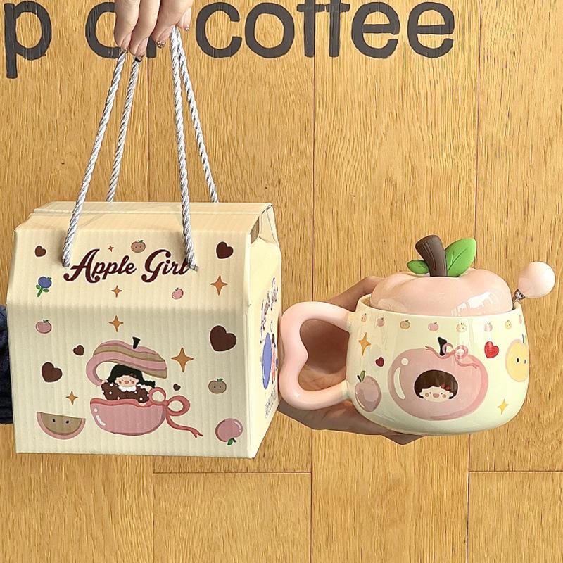 Birthday Gift for Girls Cute Fruit Girl Ceramic Mug with Lid Couple Best Friend Souvenir Gift Box