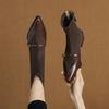 Short Boots Women's 2025 Winter Thick Heel Pointed Women's Leather Shoes Retro Cowhide Splicing Short Boot Thin Ankle Boots