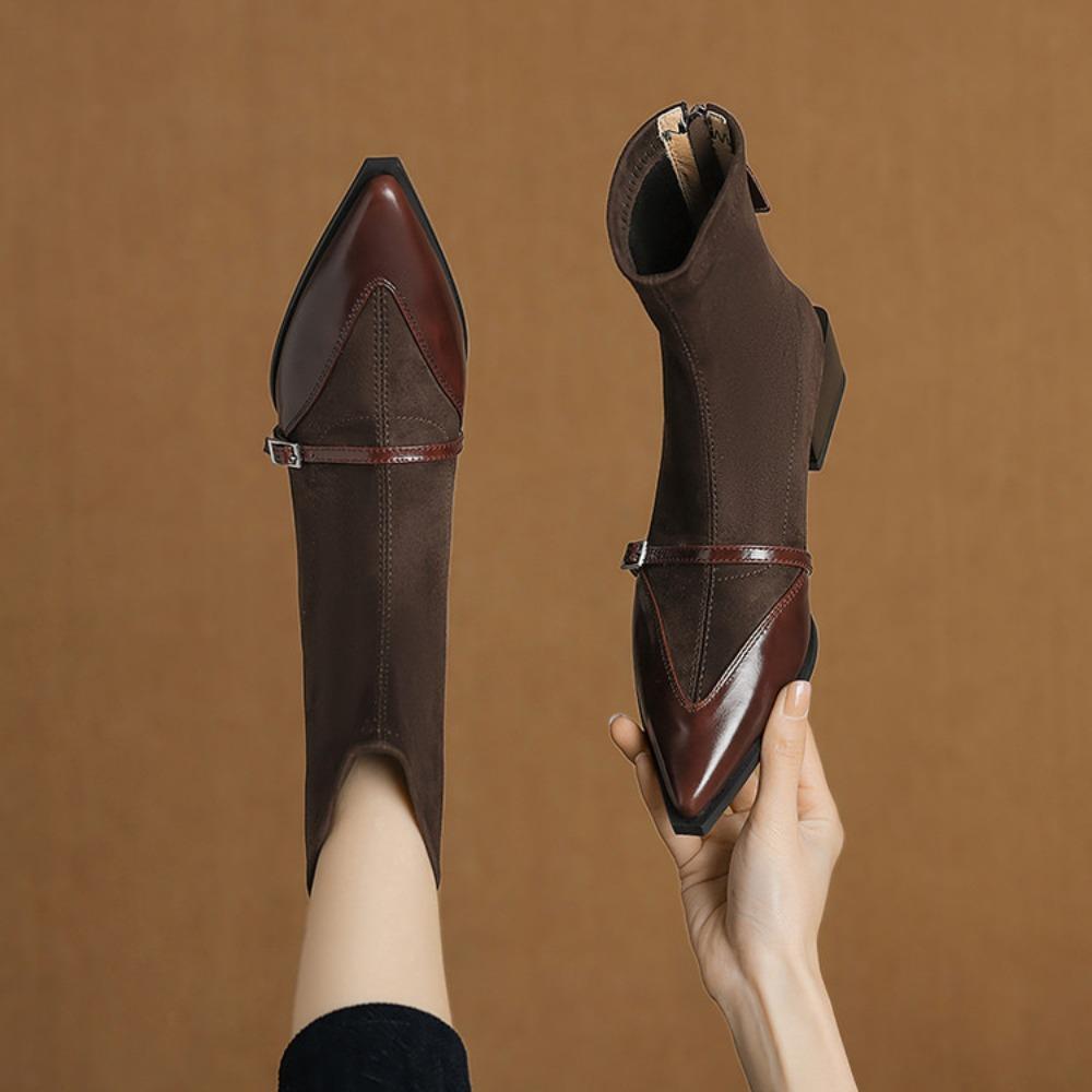 Short Boots Women's 2025 Winter Thick Heel Pointed Women's Leather Shoes Retro Cowhide Splicing Short Boot Thin Ankle Boots