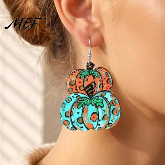 Retro Autumn Theme Ear Hooks 1 Pair Fall Pumpkin Earrings, Acrylic Leopard Print Dangle Fashionable Harvest Jewelry Drop Statement Thanksgiving