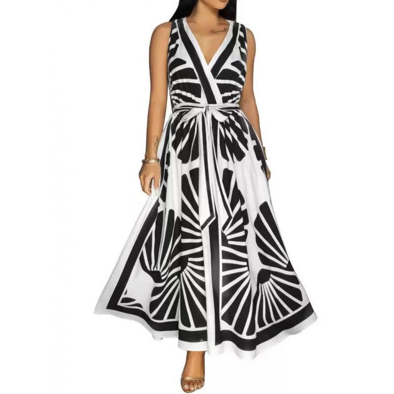 

2026 Bohemian V-Neck Sleeveless Long Dress for Women with European and American Style Prints. Extra Large чорний