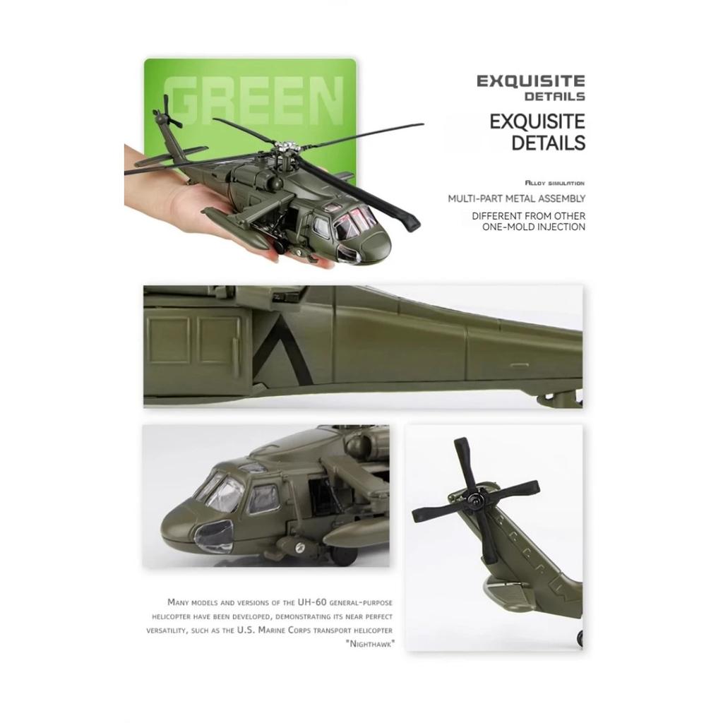 1/64 Model vrtulníku Black Hawk ze slitiny s výstavním stojanem a dárkovým balením Realistické zvukové a světelné efekty Ideální pro vystavení