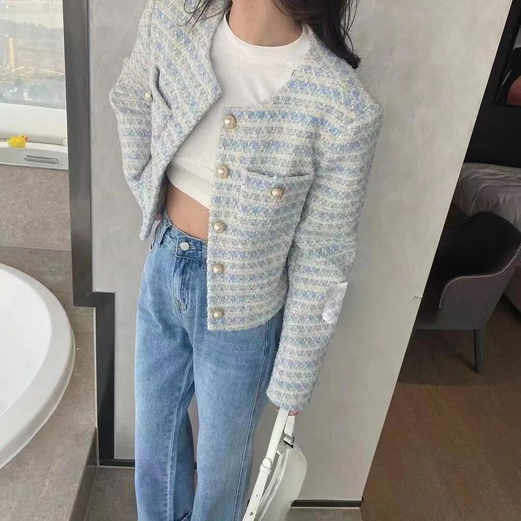 Spring and Autumn Women Pocket Single Breasted Jacket Elegant Tweed Cardigan Short Coat  for Women Loose Outwear
