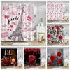 Paris Eiffel Tower Pink Shower Curtain Valentine's Day Flowers and Butterflies Polyester Washable Shower Curtains Bathroom Decor