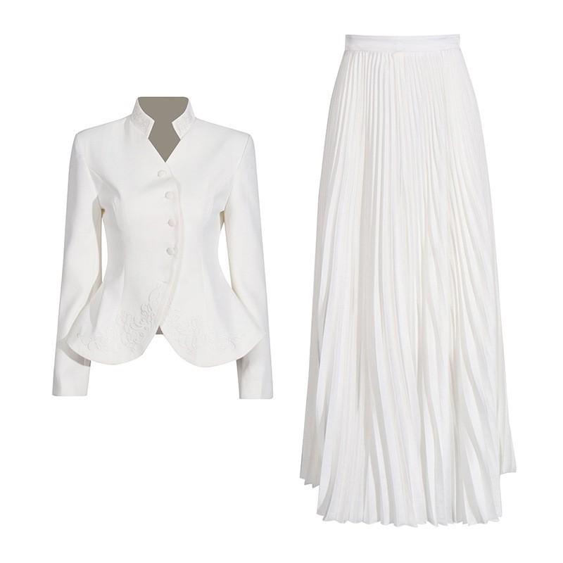 French Elegant Suit Women s Three-dimensional Embroidery Design Coat High-waist Pleated Skirt Two-piece Set S белый