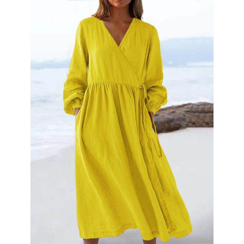 DICIFY Women's Fashion V-Neck Long Sleeve Autumn Winter Solid Color Print Casual Dresses