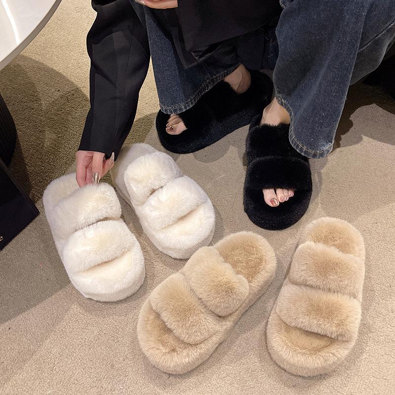2025 Spring and Autumn New Small Muffin Thick Bottom Heightening Plush Fluffy Cotton Slippers Women Wear Home Fluffy Shoes