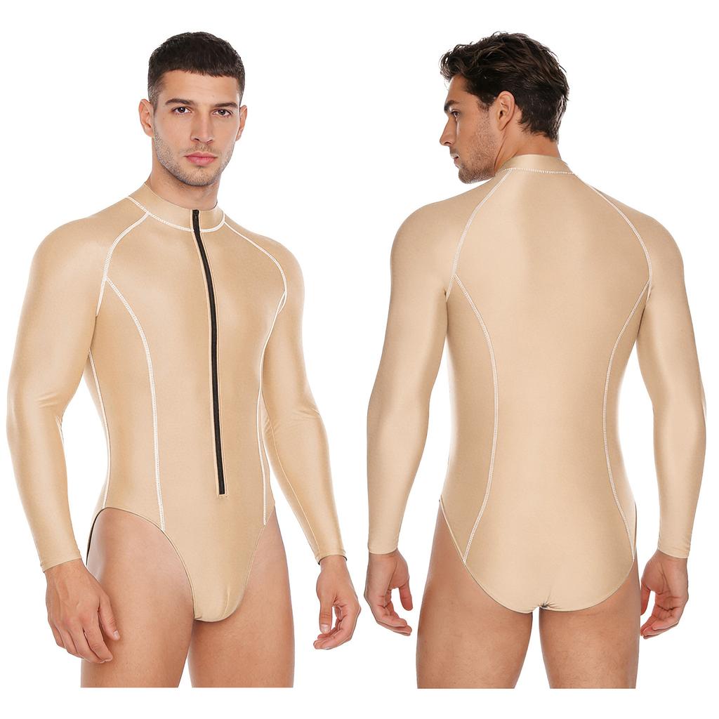 #M-4XL Mens Glossy Bodysuit Mock Neck Long Sleeve Front Zipper Leotard Jumpsuit Rash Guard for Beach Surfing Swimming Workout