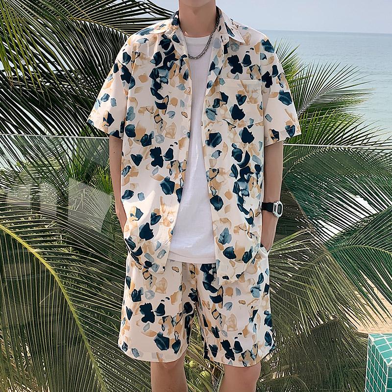 Summer Men Shorts Set Matching Shirts Letter Striped Floral Printing Outfits Short Sleeve Elastic Waist Thin Oversize Suit