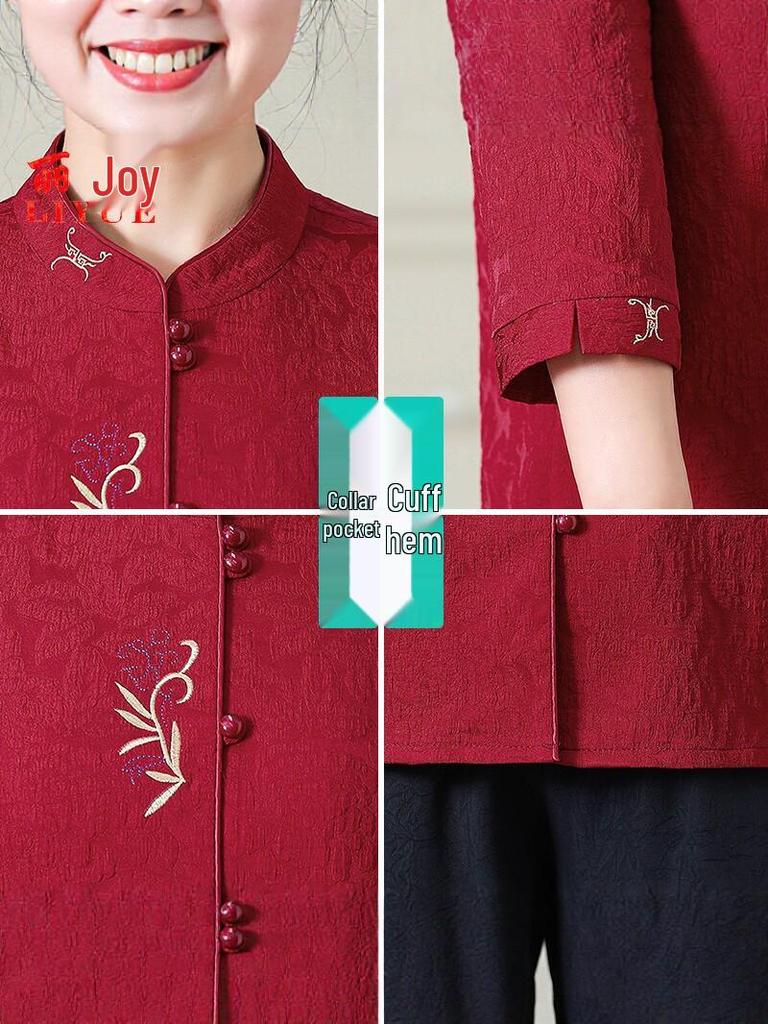 New Embroidered Seven-Sleeve Tang Suit Top for Middle-Aged & Elderly Women - Chinese Style Spring/Autumn Shirt