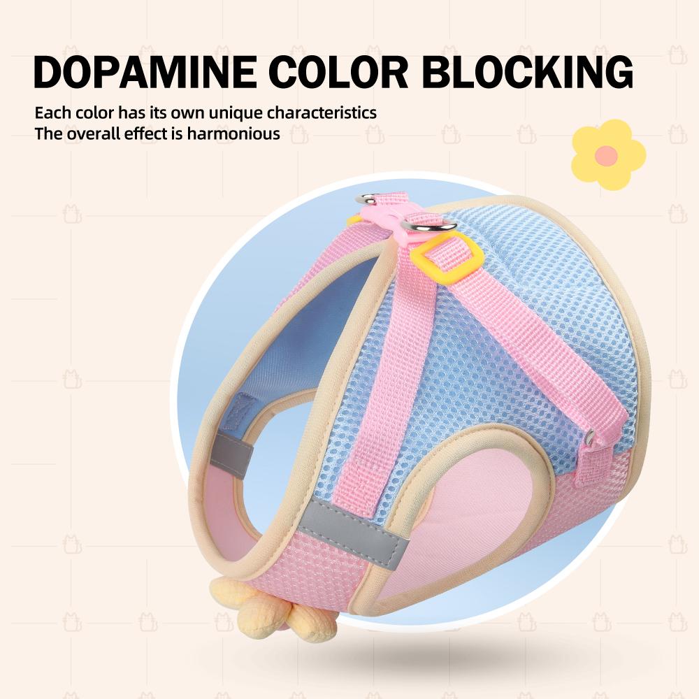 Conjunto Coleira e Guia de Verão para Cães e Gatos com Emenda Bicolor, Refletivo, Respirável, com Tiras Peitorais para Cães Pequenos e Gatos, Acessórios para Animais de Estimação