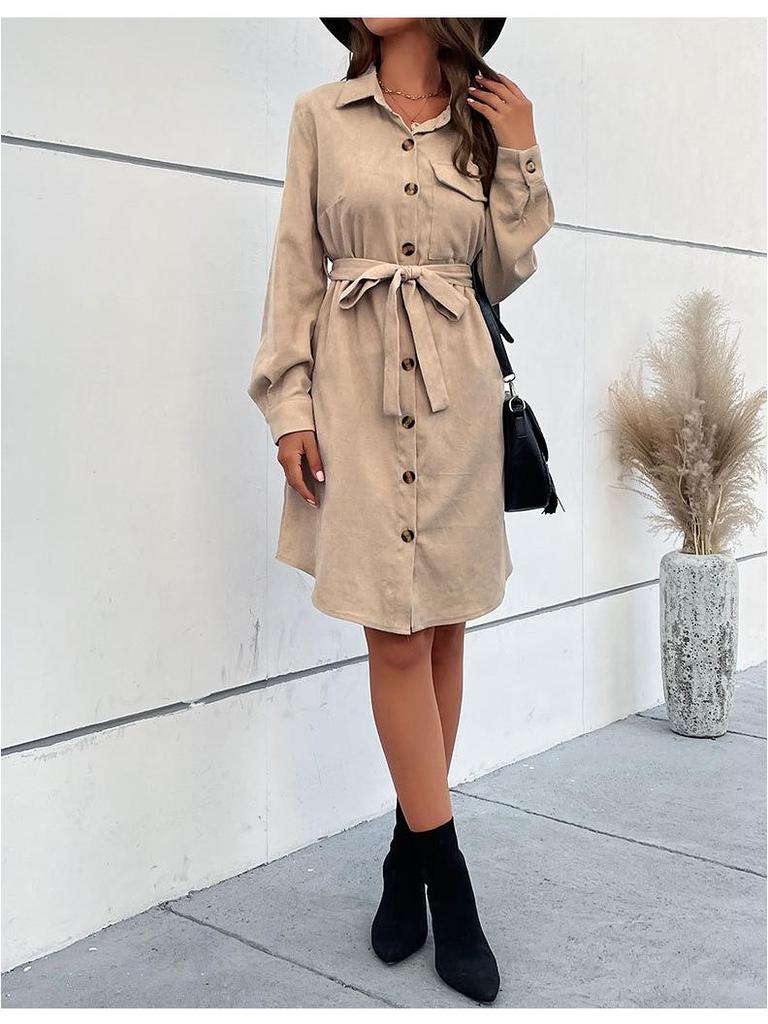2025 Autumn/Winter Women's Solid Color Lace-Up Casual Shirt Dress