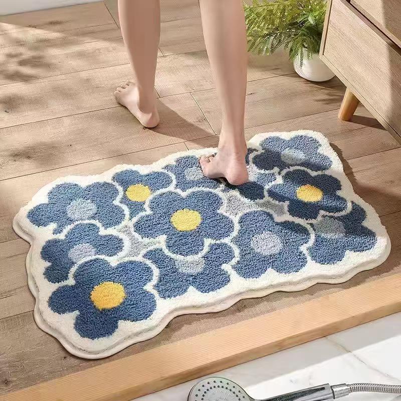 Fresh Floral Faux Cashmere Bathroom Mat - Stain & Wear Resistant Door Mat