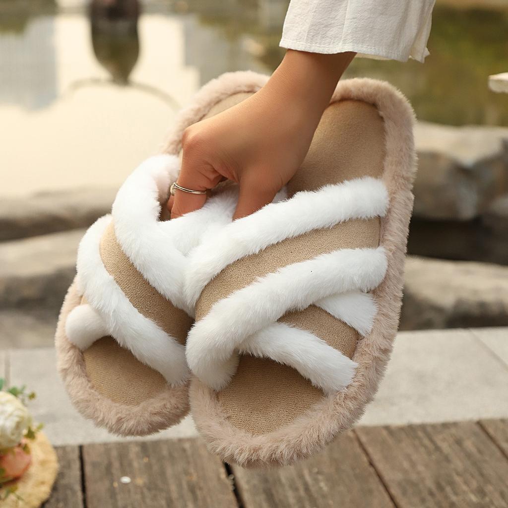 Plush Slippers with Cross Strap Splicing for Warmth and Leisure, Thick Soled Slippers for Women's Comfort, Spring and Autumn Styles