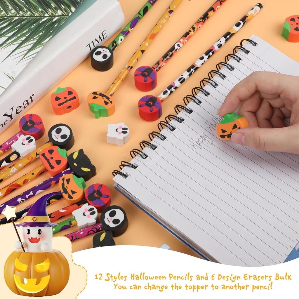 DIYASY 48 Pcs Halloween Pencils with Erasers, Holiday Wood Pencils Bulk for Kids Assorted Fall Pencil Set for Goodies Gift Prize Party Favor Supplies