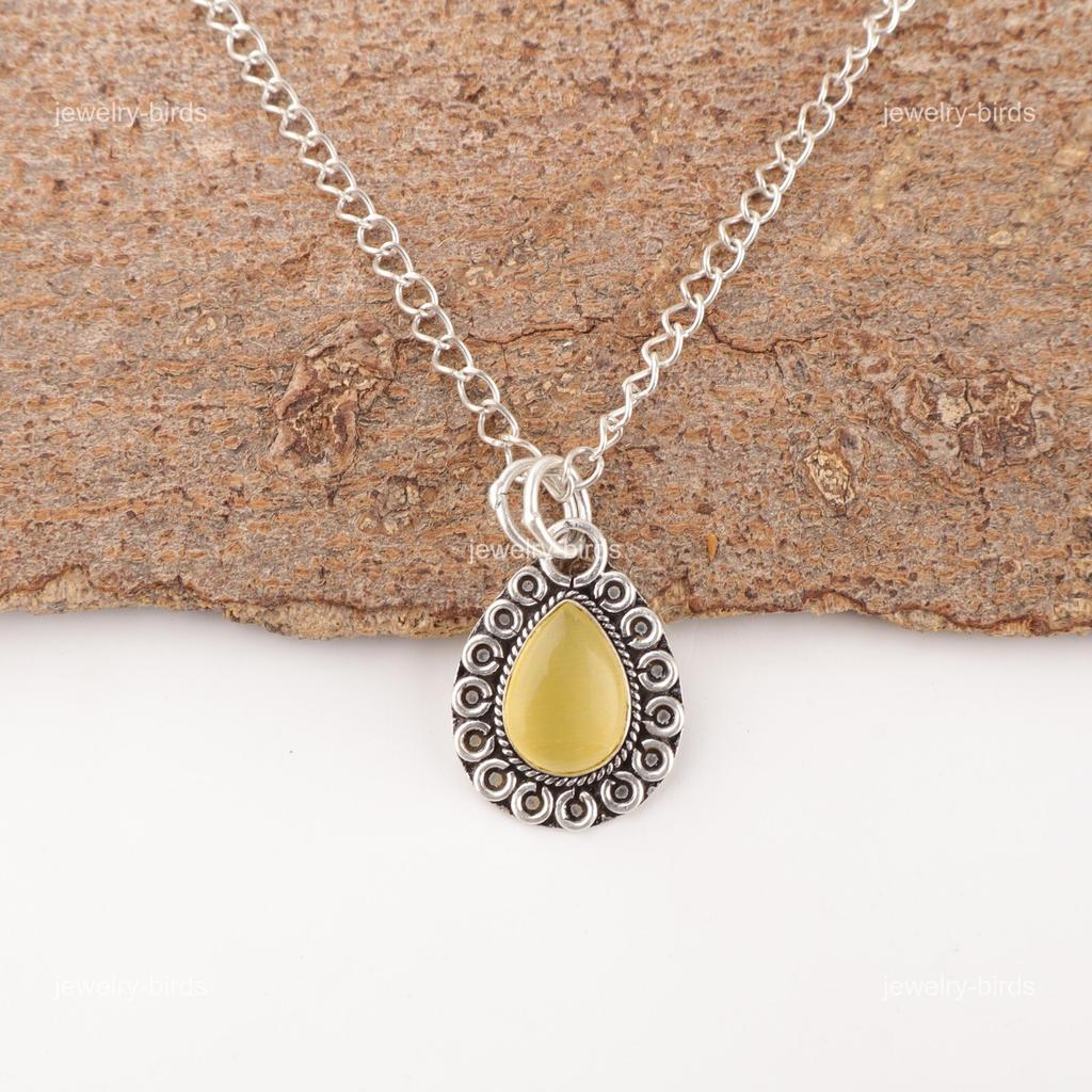 Mothers day Sale Pear Yellow Cat'S Eye Gemstone Sterling Silver Pendant Jewelry PP-26-49