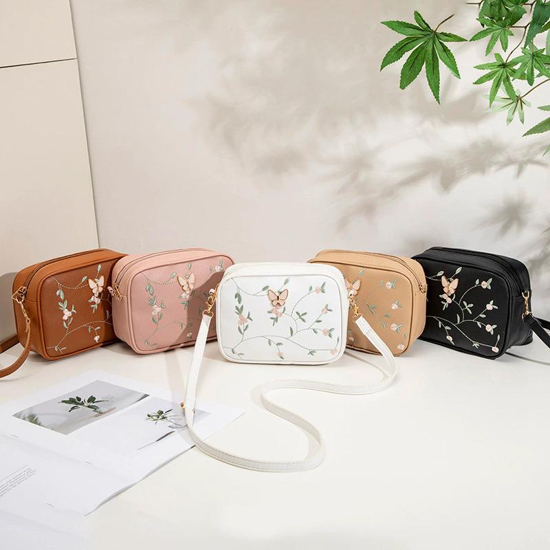 Embroidered Flower Bow Camera Bag Simple Women's Casual Small Square Bag PU Leather Shoulder Crossbody Bag AVE