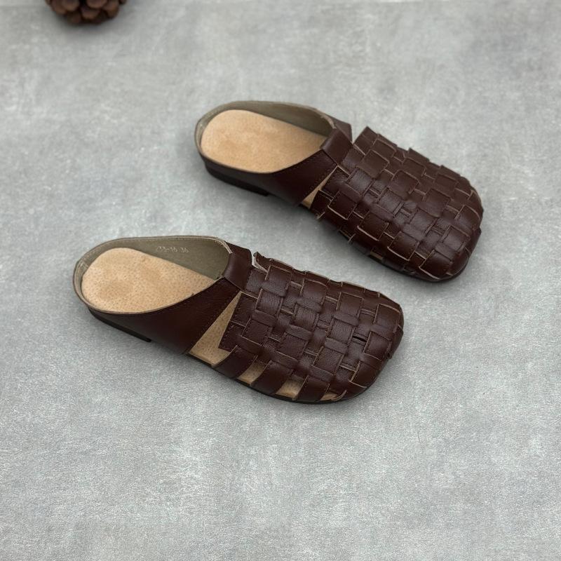 Johnature Genuine Leather Woven Slippers Handmade Comfortable Breathable Soft Soled Women's Slip-on Shoes