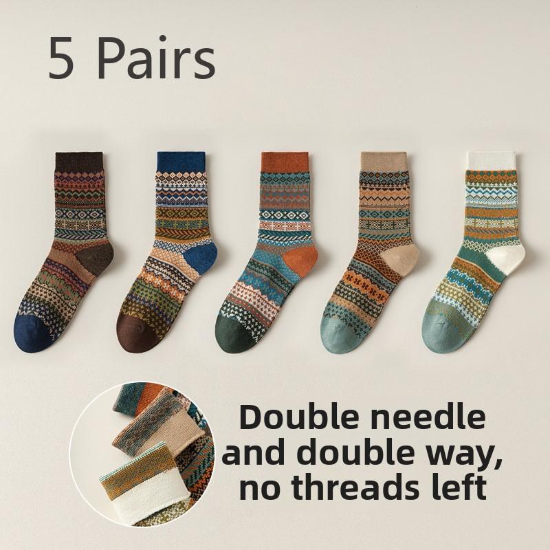 5 Pairs of Women's Spring and Autumn Vintage Ethnic Style Trendy Mid Calf Stackable Socks