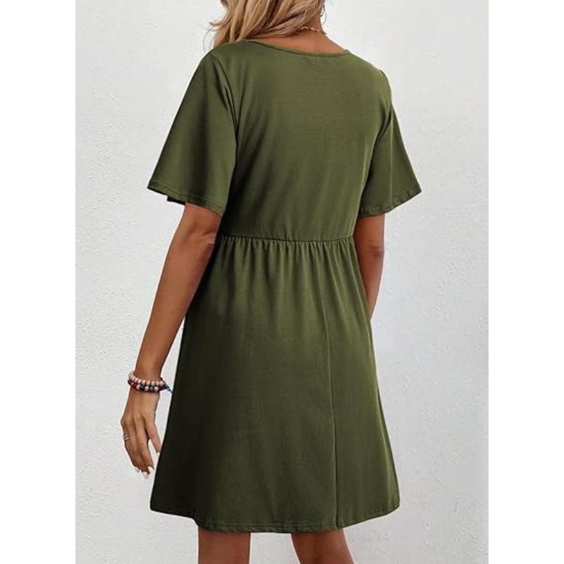YYFS Women's Fashion Summer Spring Flower Pattern Print Short Sleeve V-Neck High Waist Casual Dresses