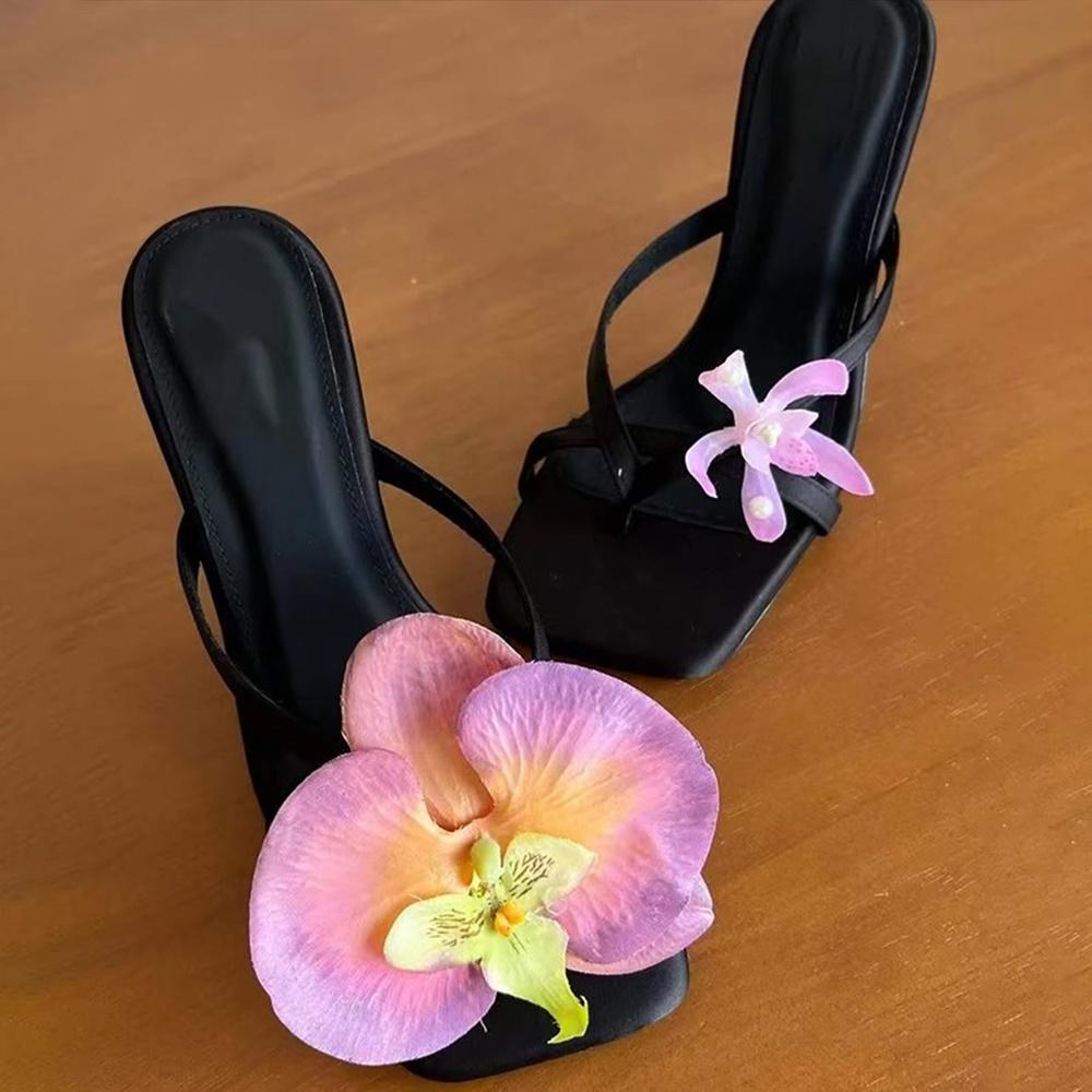 Flowers Decoration Flip Toe Slippers Sexy Square Toe Thin Heel Corss Tied Slip On New Arrivals Fashion Women Shoes