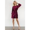 Crushed Velvet Long Sleeve Mini Dress Round Neck Tie Waist Loose Fit Pleated Short Dress for Fall Winter Office Party Casual Evening