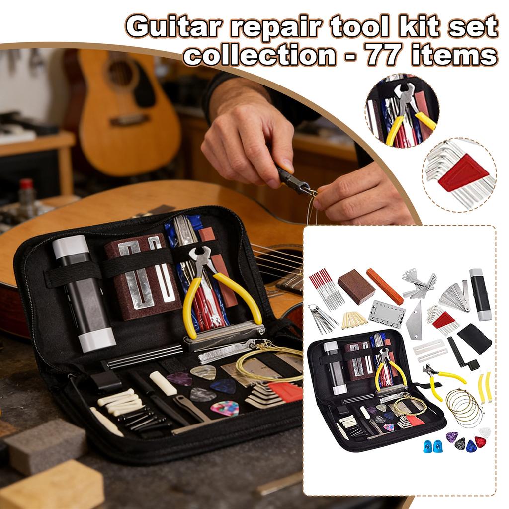 Komplettes Gitarren-Werkzeugset (77 Stück): Gitarre Und Wartungskit, Messlineal, Feile, Fingerlinge
