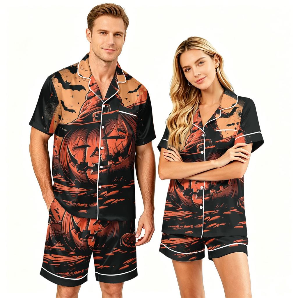 Couple Matching Halloween Pajama Set Short Sleeve Button Down Shirt with Curved Hem and Shorts Soft Casual Sleepwear S To XXXXL