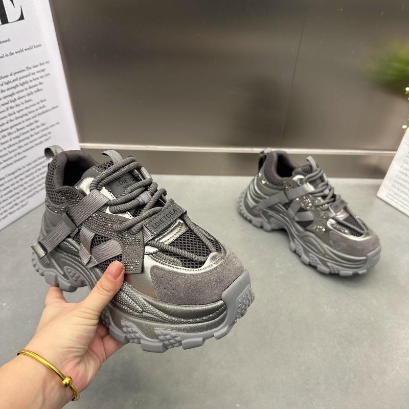 European Station Rhinestone Daddy Shoes Women 2025 Autumn and Winter New Mesh Breathable Leather Casual Sports Paris Running Shoes