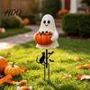 Süße Halloween-Gartendekoration Geist Süßigkeitenschale Pfahl 2D Flacher Kürbis Halter mit Katze und Fledermäusen Süßes oder Saures Hof-Kunst für Veranda Weg Rasenpfähle