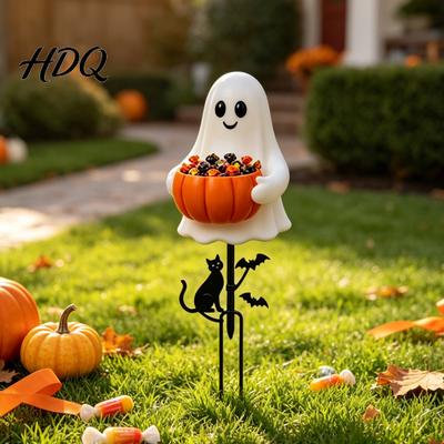 Cute Halloween Garden Decor Ghost Candy Bowl Stake 2D Flat Pumpkin Holder with Cat And Bats Trick or Treat Yard Art for Porch Pathway Lawn Stakes