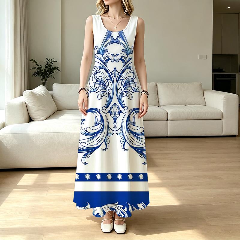 Sleeveless Floor-Length Dress,Blue & White Pattern,Lightweight Slim Fit,Great for Beach Vacation,Daily Casual & Party,Versatile Ladies Long Dresses