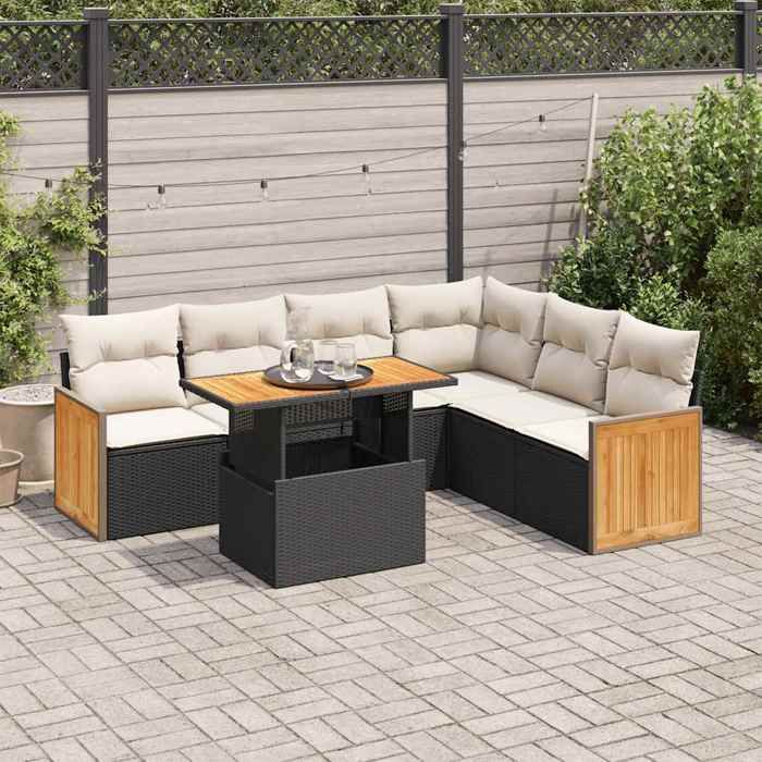 VidaXL Salon de jardin avec coussins 7 pcs noir résine tressée acacia 3327717