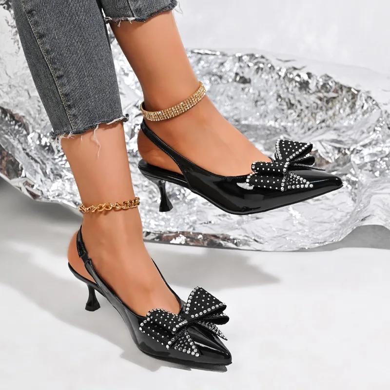 2025 New Pointed Toe Women's Slingbacks High Heels Crystal Bow Tie Thin Heels Slip On Pumps for Plus Size Elegant Dress Sandals