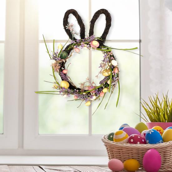 Osterhase Kranz Kleine Hasenform Rattan Kranz mit Pastell-Eiern Blumen für Haustür Innen Außen Frühling Haus Fenster Wand Dekoration